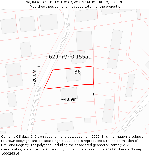 36, PARC  AN   DILLON ROAD, PORTSCATHO, TRURO, TR2 5DU: Plot and title map