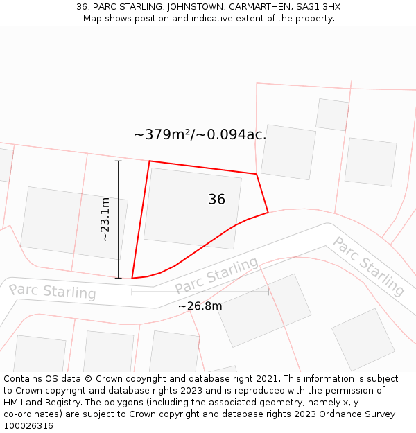 36, PARC STARLING, JOHNSTOWN, CARMARTHEN, SA31 3HX: Plot and title map