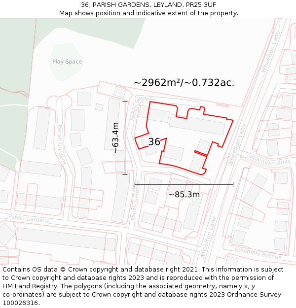 36, PARISH GARDENS, LEYLAND, PR25 3UF: Plot and title map