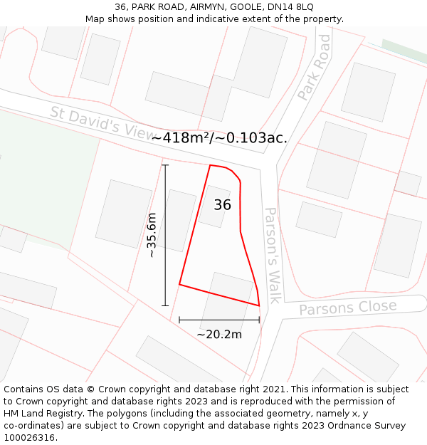 36, PARK ROAD, AIRMYN, GOOLE, DN14 8LQ: Plot and title map