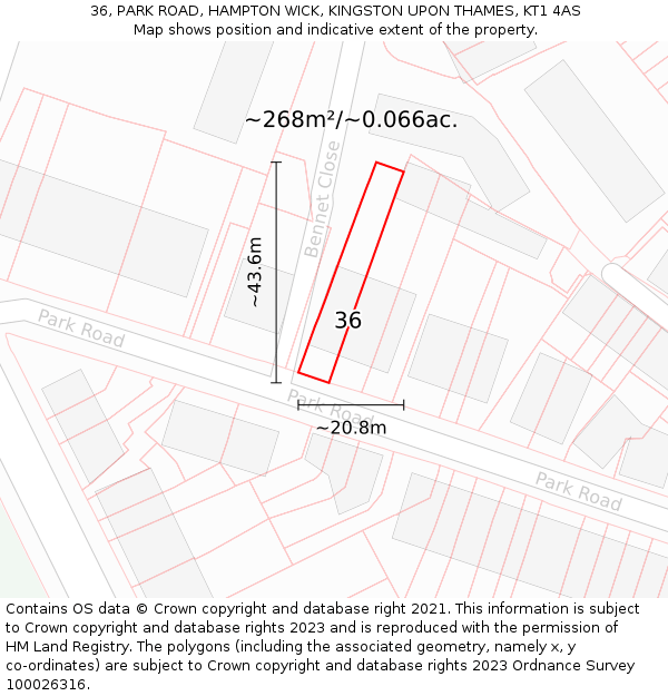 36, PARK ROAD, HAMPTON WICK, KINGSTON UPON THAMES, KT1 4AS: Plot and title map