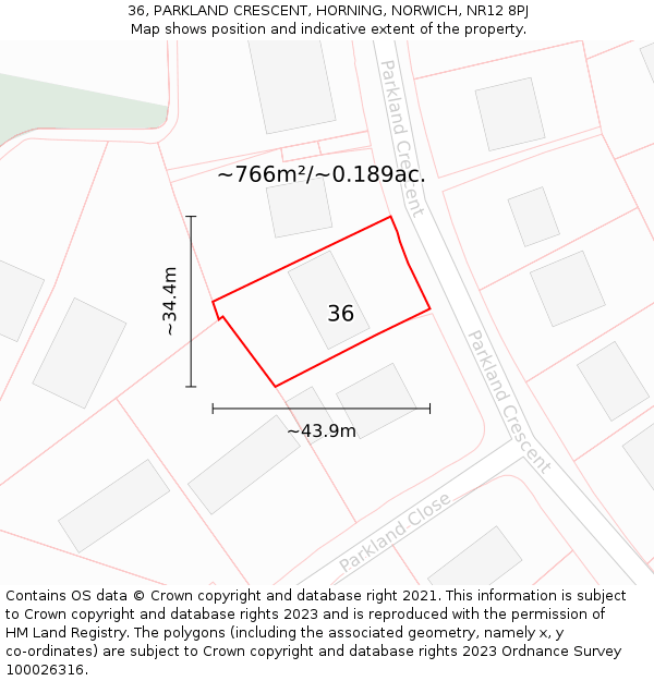 36, PARKLAND CRESCENT, HORNING, NORWICH, NR12 8PJ: Plot and title map