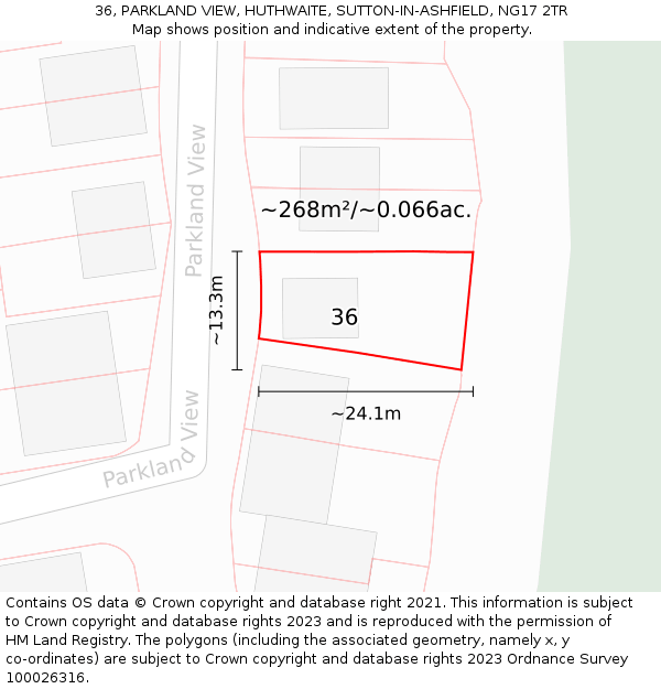 36, PARKLAND VIEW, HUTHWAITE, SUTTON-IN-ASHFIELD, NG17 2TR: Plot and title map