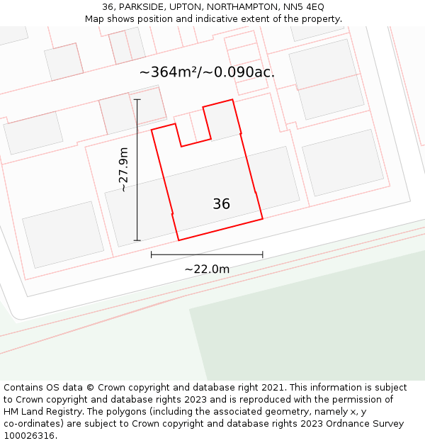 36, PARKSIDE, UPTON, NORTHAMPTON, NN5 4EQ: Plot and title map