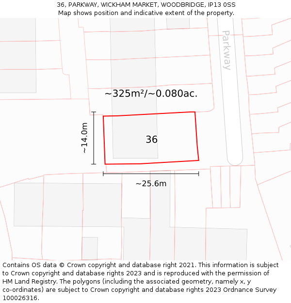 36, PARKWAY, WICKHAM MARKET, WOODBRIDGE, IP13 0SS: Plot and title map