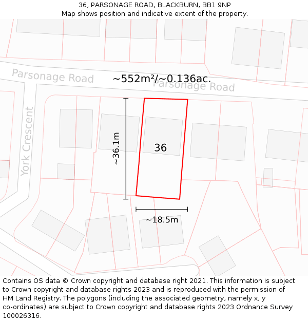 36, PARSONAGE ROAD, BLACKBURN, BB1 9NP: Plot and title map