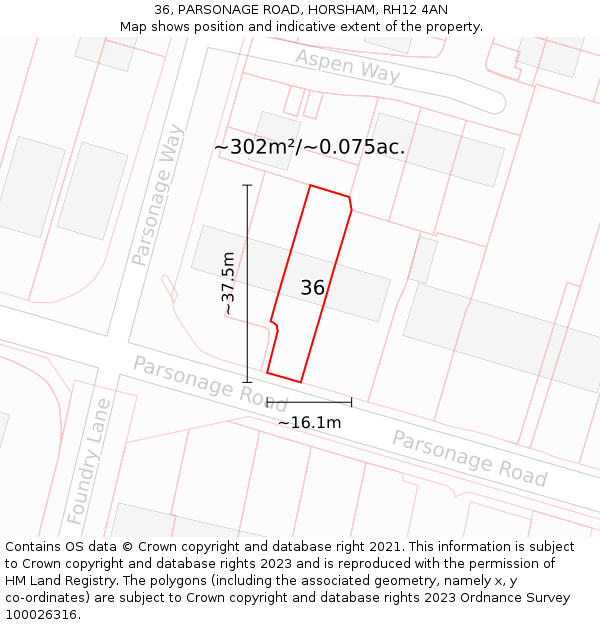 36, PARSONAGE ROAD, HORSHAM, RH12 4AN: Plot and title map