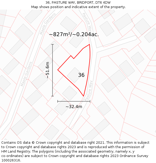 36, PASTURE WAY, BRIDPORT, DT6 4DW: Plot and title map