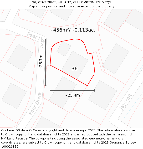 36, PEAR DRIVE, WILLAND, CULLOMPTON, EX15 2QS: Plot and title map
