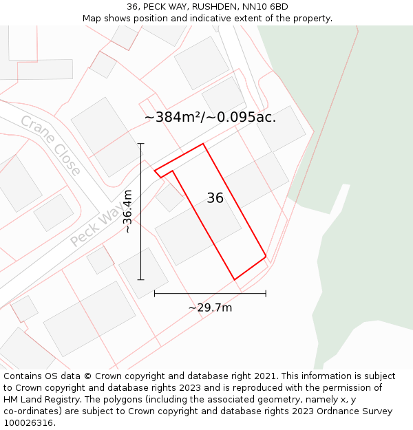 36, PECK WAY, RUSHDEN, NN10 6BD: Plot and title map