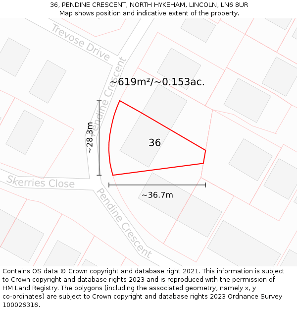 36, PENDINE CRESCENT, NORTH HYKEHAM, LINCOLN, LN6 8UR: Plot and title map