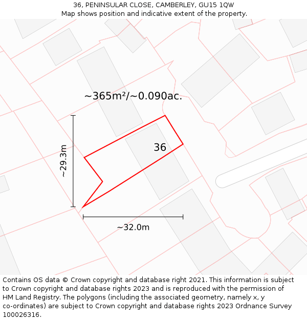 36, PENINSULAR CLOSE, CAMBERLEY, GU15 1QW: Plot and title map