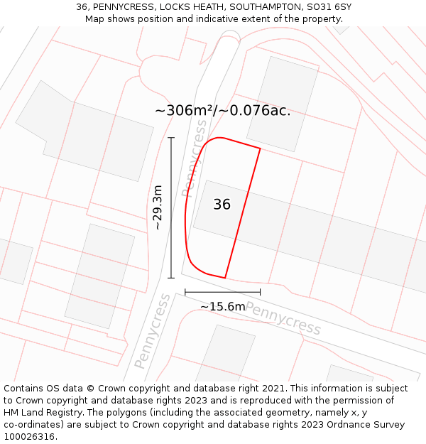 36, PENNYCRESS, LOCKS HEATH, SOUTHAMPTON, SO31 6SY: Plot and title map