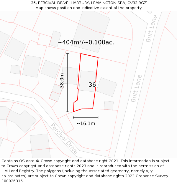 36, PERCIVAL DRIVE, HARBURY, LEAMINGTON SPA, CV33 9GZ: Plot and title map