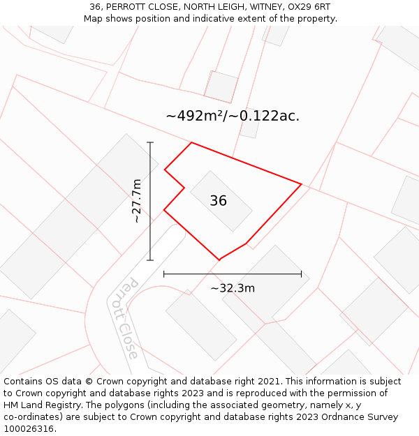 36, PERROTT CLOSE, NORTH LEIGH, WITNEY, OX29 6RT: Plot and title map
