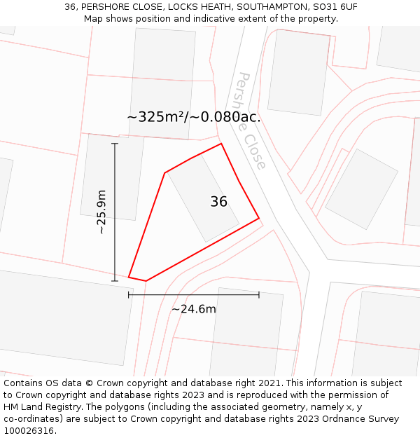 36, PERSHORE CLOSE, LOCKS HEATH, SOUTHAMPTON, SO31 6UF: Plot and title map