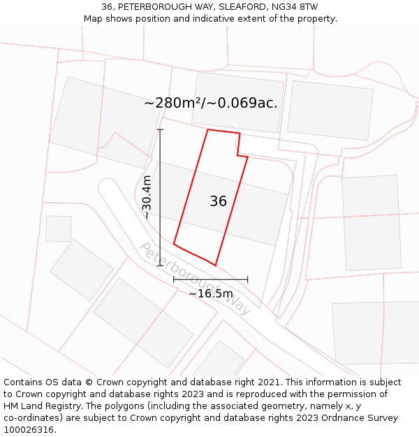 36, PETERBOROUGH WAY, SLEAFORD, NG34 8TW: Plot and title map