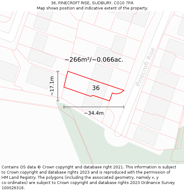 36, PINECROFT RISE, SUDBURY, CO10 7PA: Plot and title map
