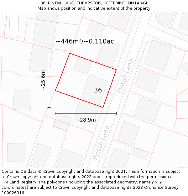 36, PINTAIL LANE, THRAPSTON, KETTERING, NN14 4GL: Plot and title map