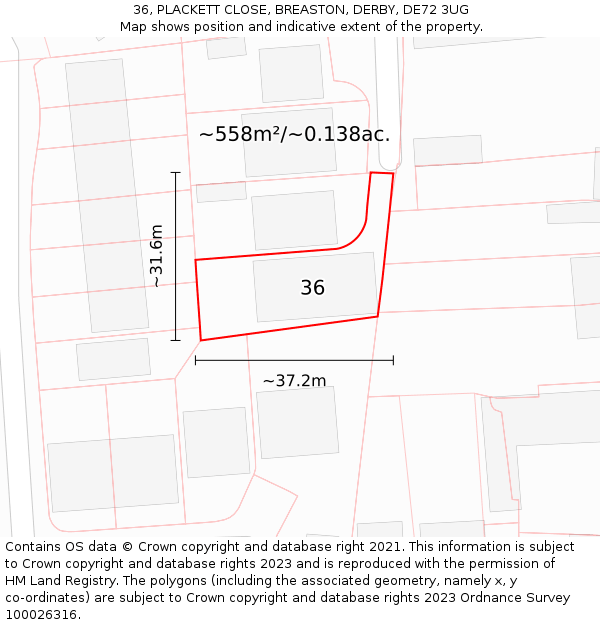 36, PLACKETT CLOSE, BREASTON, DERBY, DE72 3UG: Plot and title map