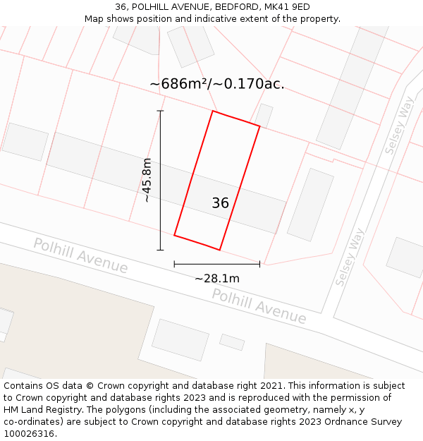 36, POLHILL AVENUE, BEDFORD, MK41 9ED: Plot and title map