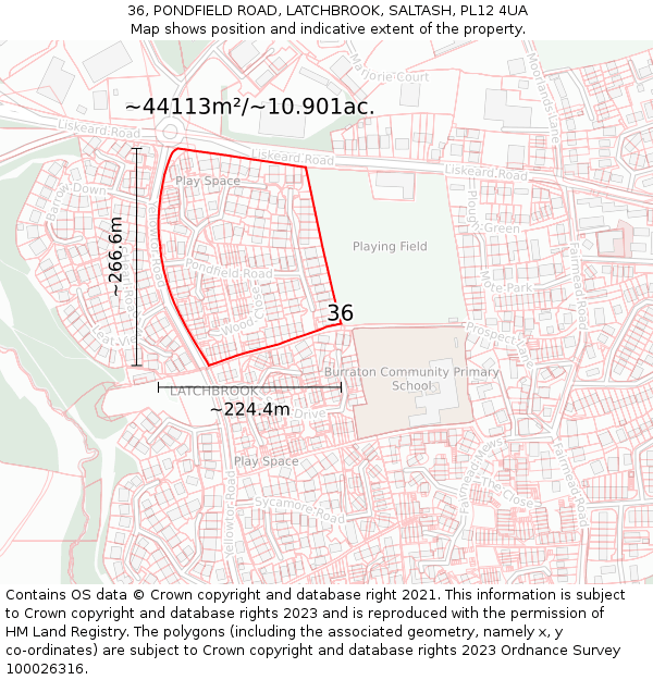 36, PONDFIELD ROAD, LATCHBROOK, SALTASH, PL12 4UA: Plot and title map