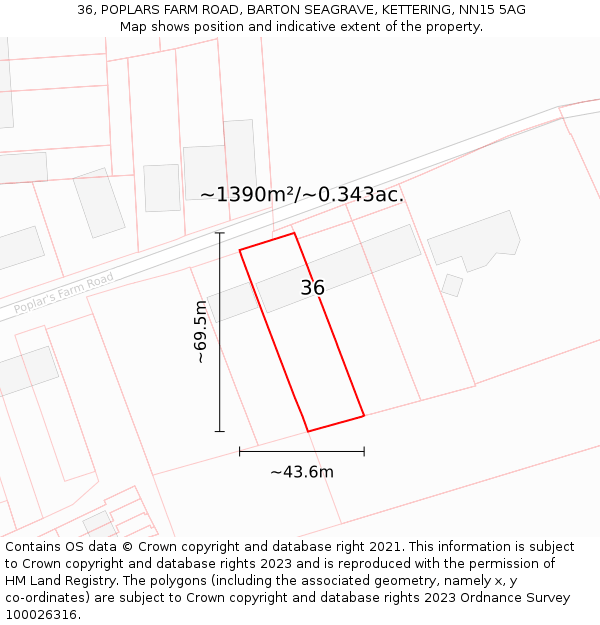 36, POPLARS FARM ROAD, BARTON SEAGRAVE, KETTERING, NN15 5AG: Plot and title map
