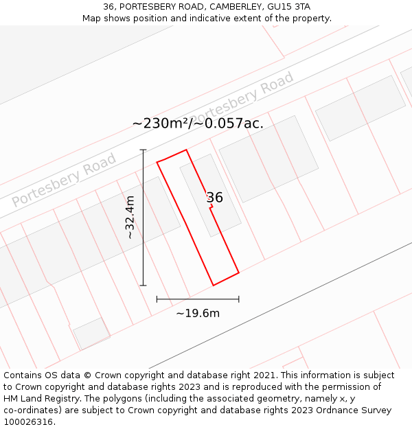 36, PORTESBERY ROAD, CAMBERLEY, GU15 3TA: Plot and title map