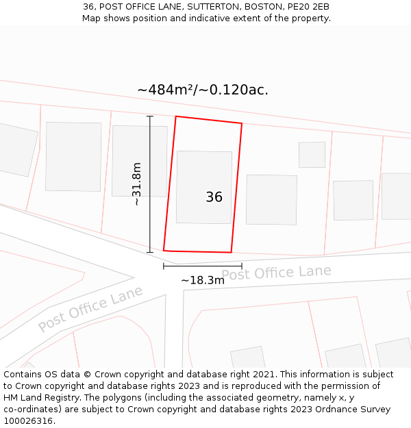 36, POST OFFICE LANE, SUTTERTON, BOSTON, PE20 2EB: Plot and title map