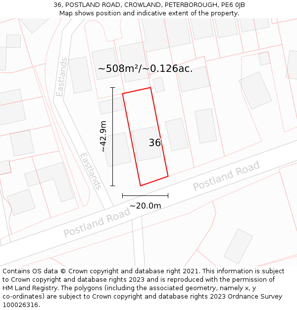 36, POSTLAND ROAD, CROWLAND, PETERBOROUGH, PE6 0JB: Plot and title map