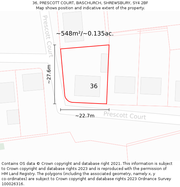 36, PRESCOTT COURT, BASCHURCH, SHREWSBURY, SY4 2BF: Plot and title map