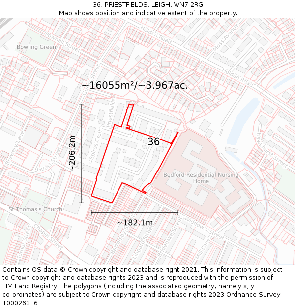 36, PRIESTFIELDS, LEIGH, WN7 2RG: Plot and title map