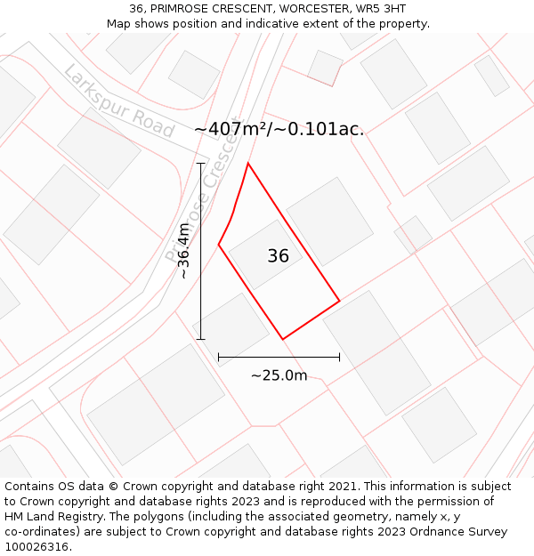 36, PRIMROSE CRESCENT, WORCESTER, WR5 3HT: Plot and title map