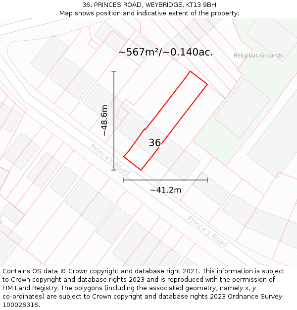 36, PRINCES ROAD, WEYBRIDGE, KT13 9BH: Plot and title map