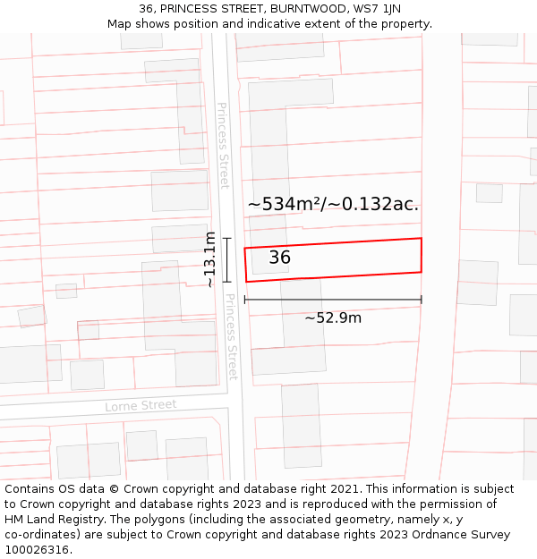 36, PRINCESS STREET, BURNTWOOD, WS7 1JN: Plot and title map
