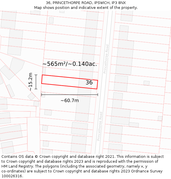 36, PRINCETHORPE ROAD, IPSWICH, IP3 8NX: Plot and title map