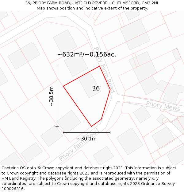 36, PRIORY FARM ROAD, HATFIELD PEVEREL, CHELMSFORD, CM3 2NL: Plot and title map