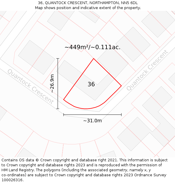 36, QUANTOCK CRESCENT, NORTHAMPTON, NN5 6DL: Plot and title map