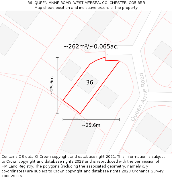 36, QUEEN ANNE ROAD, WEST MERSEA, COLCHESTER, CO5 8BB: Plot and title map