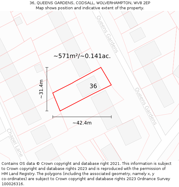 36, QUEENS GARDENS, CODSALL, WOLVERHAMPTON, WV8 2EP: Plot and title map