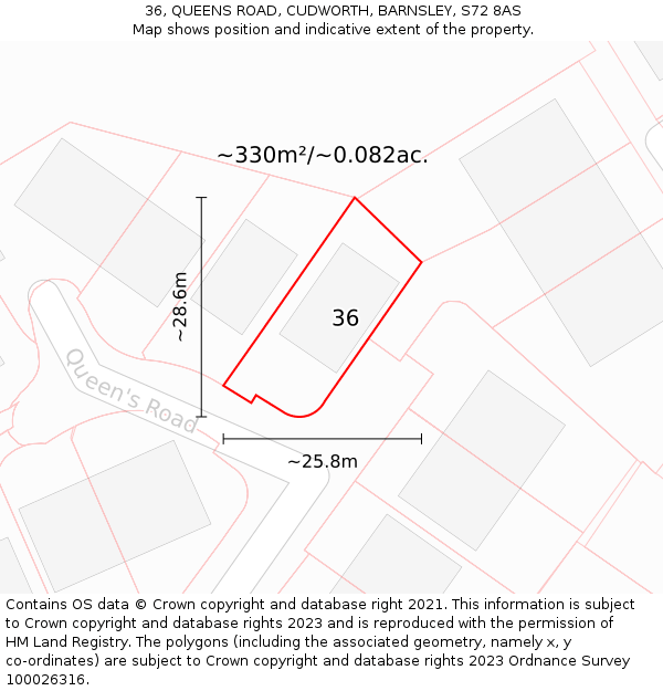 36, QUEENS ROAD, CUDWORTH, BARNSLEY, S72 8AS: Plot and title map