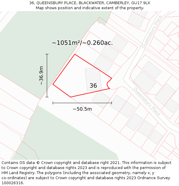36, QUEENSBURY PLACE, BLACKWATER, CAMBERLEY, GU17 9LX: Plot and title map