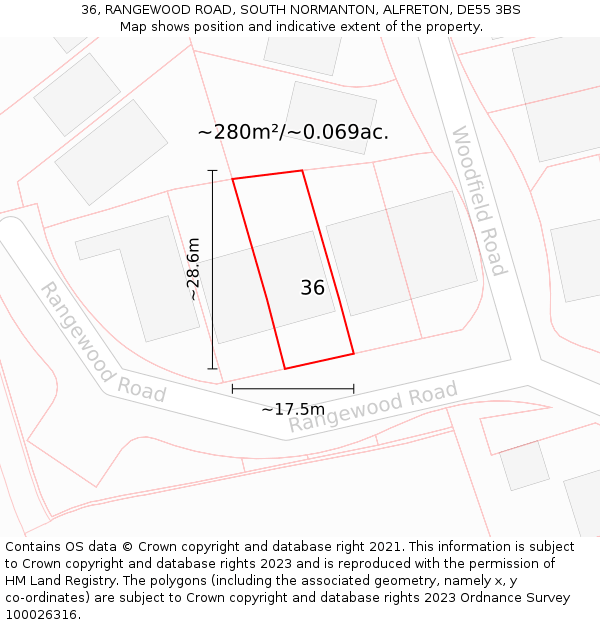 36, RANGEWOOD ROAD, SOUTH NORMANTON, ALFRETON, DE55 3BS: Plot and title map