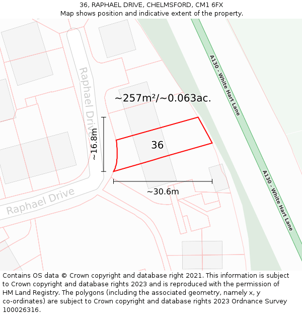 36, RAPHAEL DRIVE, CHELMSFORD, CM1 6FX: Plot and title map