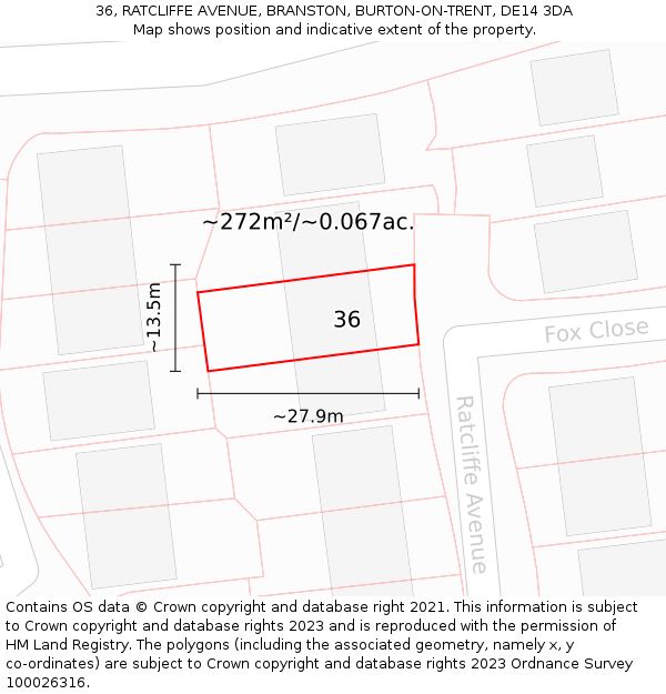 36, RATCLIFFE AVENUE, BRANSTON, BURTON-ON-TRENT, DE14 3DA: Plot and title map