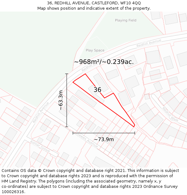 36, REDHILL AVENUE, CASTLEFORD, WF10 4QQ: Plot and title map