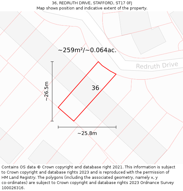 36, REDRUTH DRIVE, STAFFORD, ST17 0FJ: Plot and title map