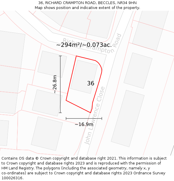 36, RICHARD CRAMPTON ROAD, BECCLES, NR34 9HN: Plot and title map