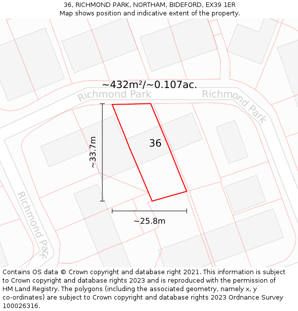 36, RICHMOND PARK, NORTHAM, BIDEFORD, EX39 1ER: Plot and title map