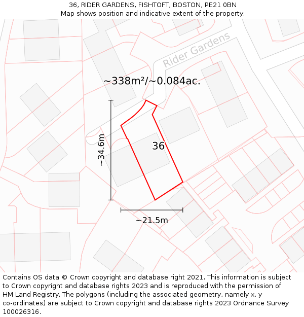 36, RIDER GARDENS, FISHTOFT, BOSTON, PE21 0BN: Plot and title map